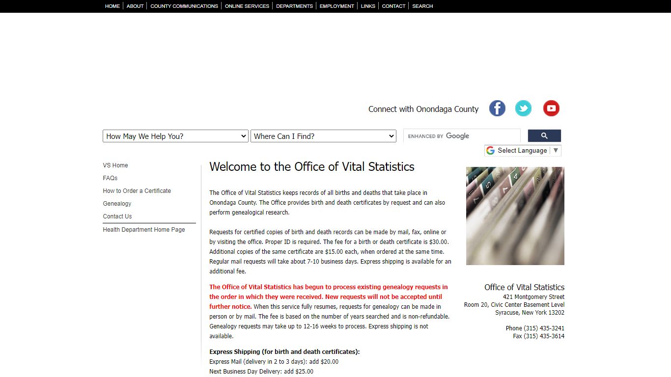 Onondaga County Health Department of Vital Statistics